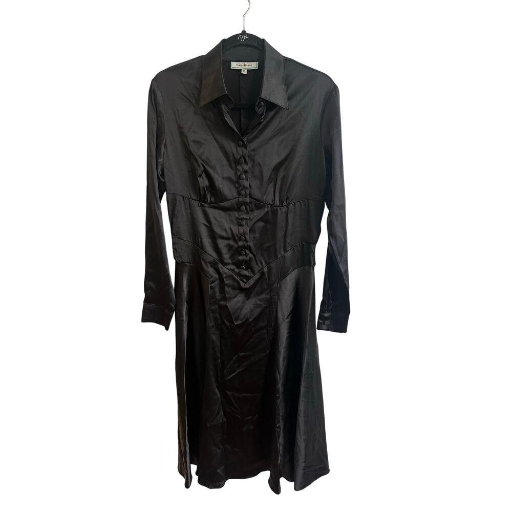 Pamela Barish Silk Longsleeve Midi Shirt Dress Shiny Structured Waist Sz 10